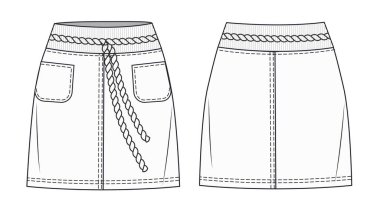 Etek desenli düz taslak. Kot mini etek, düz moda tasarım. Kız kot eteği teknik çizim şablonu.