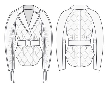 Kadın ceketi moda düz teknik çizim şablonu. Ceket tasarımı seti. Kırpılmış palto düz dizayn, önde ve arkada, beyaz. Giysi kollu ceket, düz moda şablonu..