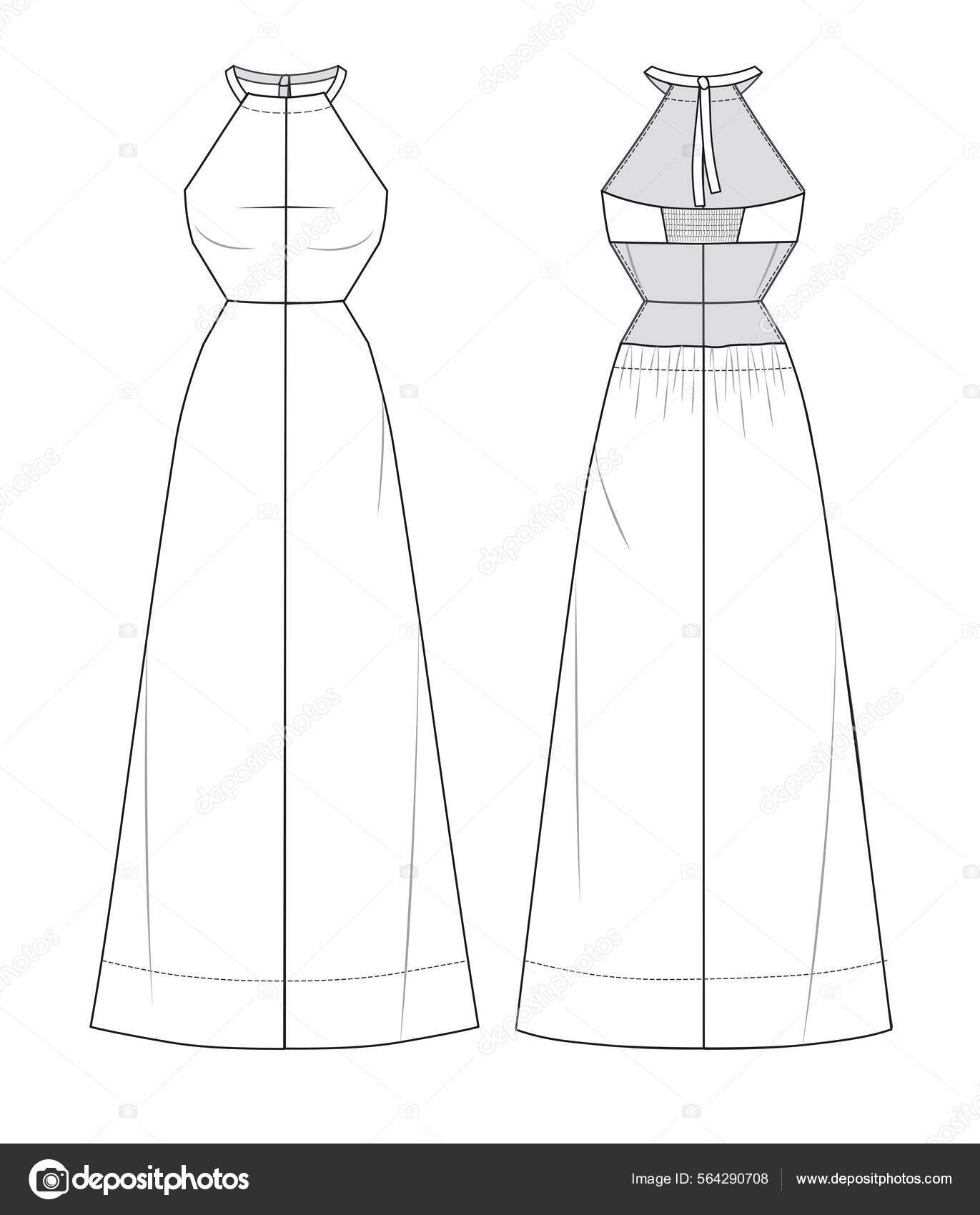 Dress Fashion Flat Sketch Template. Dress Technical Drawing Stock