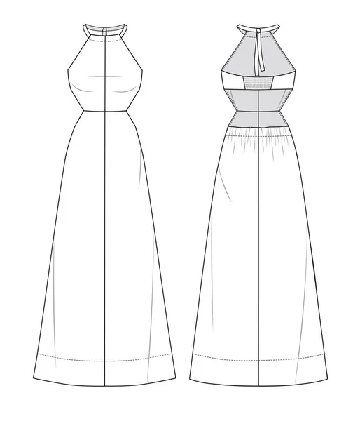 Kobiety Midi Sukienka Moda Rysunek Techniczny Szablon Dziewczyny Bez Rękawów — Wektor stockowy