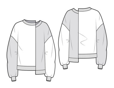 Unisex Sweatshirt fashion CAD. Woman asymmetric Sweatshirt with rib details fashion flat technical drawing template.  Jersey or woven fabric sweatshirt with front, back view, white and grey color.