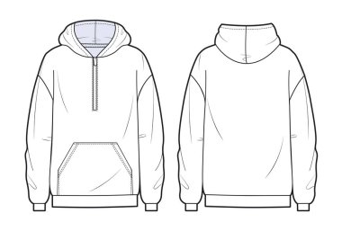 Büyük boy kapüşonlu moda düz çizim şablonu. Erkekler öndeki Sweatshirt 'ü kapüşonlu kapüşonlu moda mankeni.