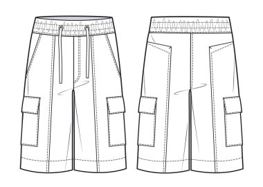 Men 's Shorts moda düz çizim şablonu. Kısa pantolon, düz taslak, ön ve arka manzara, beyaz..