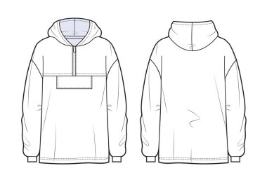 Erkeklerin kapüşonlu moda düz teknik taslak şablonu. Erkekler öndeki Sweatshirt 'ü kapüşonlu kapüşonlu moda mankeni.