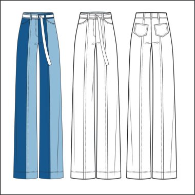 Kız pantolonu düz moda tasarımı. Kadın pantolonu, kot pantolon, düz moda şablonu. Kot pantolon, normal bel altı, cepler, yama tasarımı..
