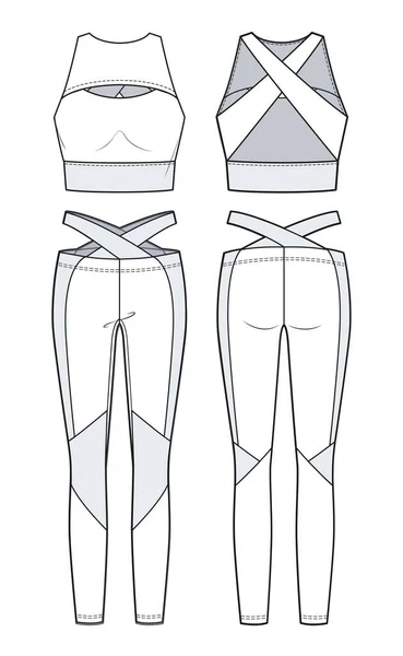 Pantalones Leggings Girl Crop Top Plantilla Sketch Plano Moda Deportes — Vector de stock