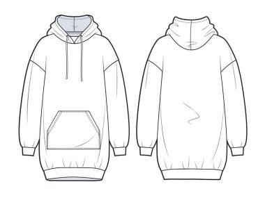Unisex Aşırı Boyutlu Kapüşonlu Tişört. Sweatshirt fshion düz teknik çizim. Düz giysi terleme şablonu öne ve arkaya, beyaz renk. Unisex CAD modeli.