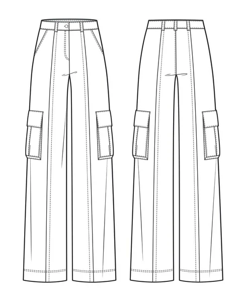 Pantalones Bolsillo Carga Plantilla Dibujo Técnico Plano Moda Chica Carga — Vector de stock