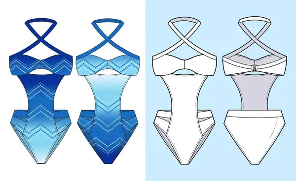 Vintage Azul Swimsuit Design Moda Fato Banho Feminino Moda Plana —  Vetores de Stock