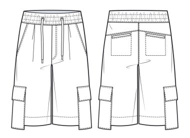 Men's Cargo Shorts fashion flat technical drawing template. Short Pants, fashion flat sketch, front and back view, white.