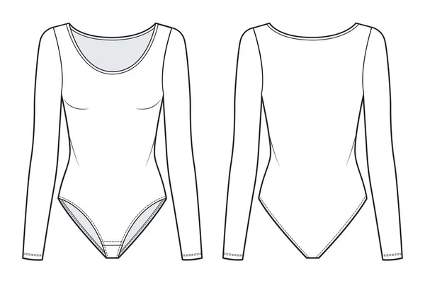 Women Bodysuit Fashion Flat Technical Drawing Template Long Sleeve Bodysuit — Vetor de Stock