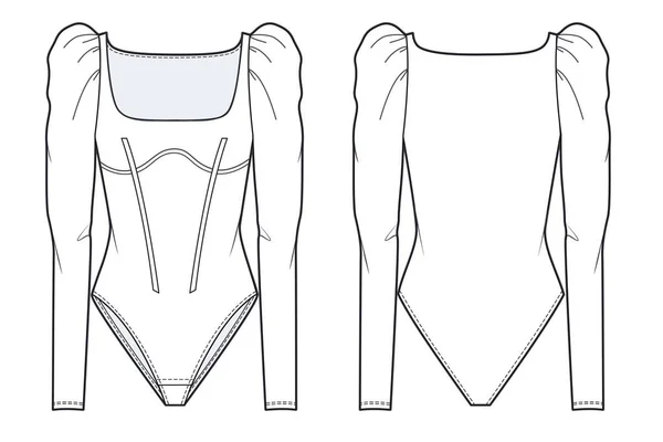 Women Bodysuit Fashion Flat Technical Drawing Template Long Sleeve Bodysuit — Stockvektor