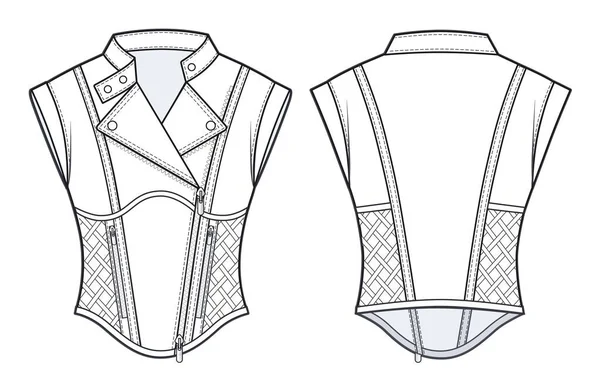 Zip Vest Fashion Flat Technical Drawing Template Women Leather Biker — 스톡 벡터