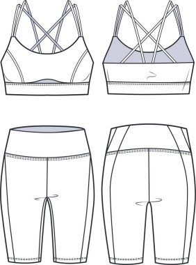 Girl`s sports strappy Bra and Cycling shorts fashion flat  technical sketch template. Women`s Active wear Crop top and Leggings fashion Cad mockup, front, back view, white, set. clipart