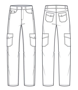 Unisex Jeans, Cargo Pants fashion flat technical sketch template. Jeans pants fashion illustration with full lenght, medium waist, pockets, oversized, front, back view, white, CAD mockup.