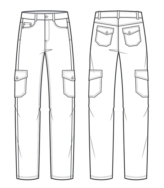 Unisex Jeans Cargo Pants Fashion Flat Technical Sketch Template Jeans — Vetor de Stock