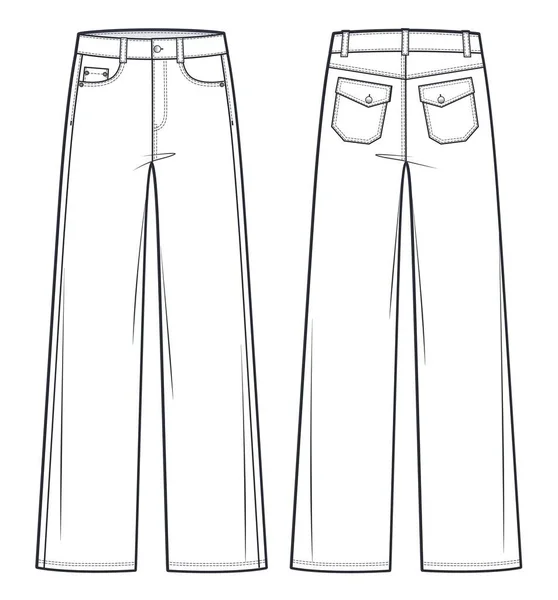 Unisex Jeans Pants Fashion Flat Technical Drawing Template Jeans Medium — Stock Vector