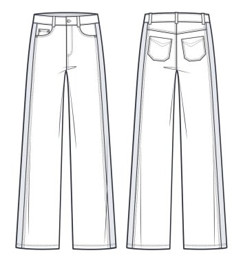 Unisex kot pantolon, deri pantolon düz teknik çizim şablonu. Kot pantolon orta bel, kıvrımlı, kadınlar, erkekler, ön görüş, arka görüş, beyaz, CAD modeli.. 