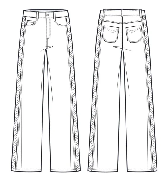 Unisex Cutouts Jeans Pants Fashion Flat Technical Drawing Template Jeans — Stock Vector