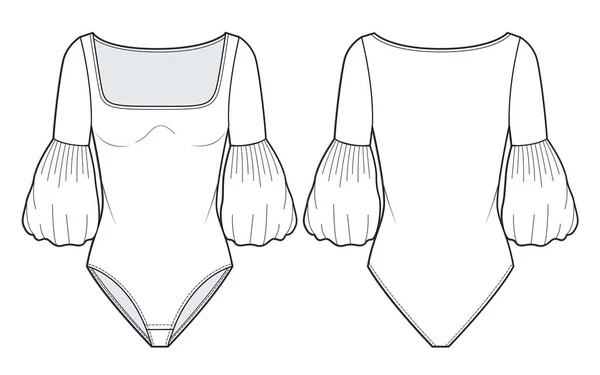 Women Bodysuit Fashion Flat Technical Drawing Template Balloon Sleeve Bodysuit — Vetor de Stock