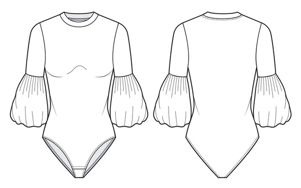 Women Bodysuit Fashion Flat Technical Drawing Template Neck Bodysuit Balloon — стоковый вектор