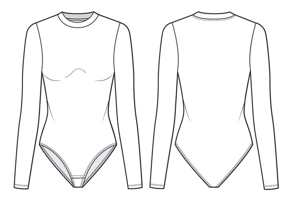 Girl Bodysuit Fashion Flat Technical Drawing Template Neck Bodysuit Long — Vetor de Stock