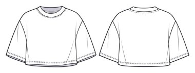 Aşırı formda Kesilmiş Tişört Düz Teknikli Çizim Şablonu. Unisex Kırpılmış T-Shirt Moda CAD Moda Moda, ön, arka manzara, beyaz renk.