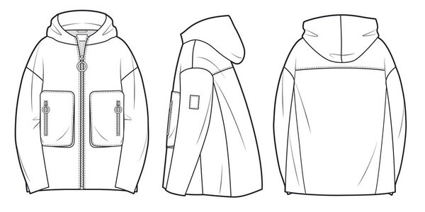 Zip-up Hooded Coat technical fashion illustration, oversized,  long sleeves, patch pockets. Unisex Jacket Coat template front, back, side views, white color. Women men unisex top CAD mockup.