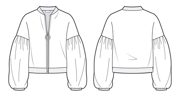 Women Zip Bomber Jacket Fashion Flat Technical Drawing Template Girl — стоковый вектор