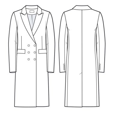 Classic double breasted Coat technical fashion illustration. Unisex wool Coat fashion flat  template, front, back view, white color. Outerwear women, men, unisex CAD mockup.