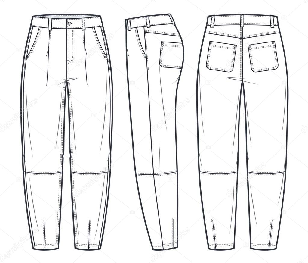 Lether Slouchy pants fashion flat technical drawing template. Balloon Jeans Denim pants  medium waist, owersize, pockets, women, men, unisex, front, side, back view, white, CAD mockup. 