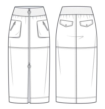 Midi Skirt technical fashion illustration. Denim zip-up Skirt fashion flat sketch template,  midi lengths silhouette, front and back pockets, elastic waistband, front, back, white color style, CAD mockup.