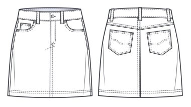 Mini Skirt technical fashion illustration. Classic Denim Skirt fashion flat sketch template, knee mini lengths silhouette, front and back pockets, front, back view, white, CAD mockup.