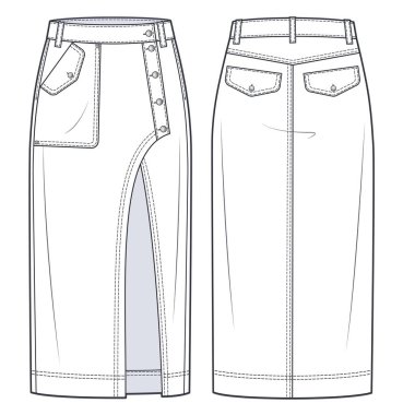 Asymmetric Denim Skirt technical fashion illustration. Midi Skirt fashion flat sketch template, button up, pockets, front slit, front and back view, white, CAD mockup.