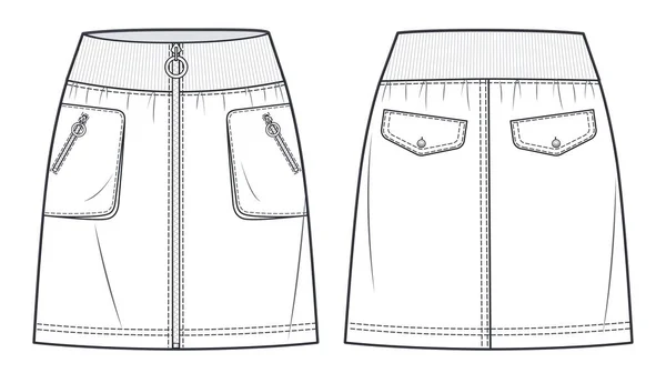Zipper Mini Skirt Technical Fashion Illustration Denim Skirt Fashion Flat — ストックベクタ