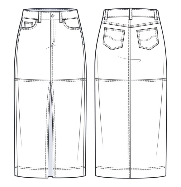 Midi Skirt Technical Fashion Illustration Denim Pencil Skirt Fashion Flat — 图库矢量图片