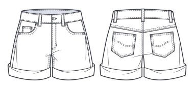 Short Pants technical fashion illustration. Denim style Classic Shorts fashion flat sketch template, front, back view, white, women, men, unisex CAD mockup.