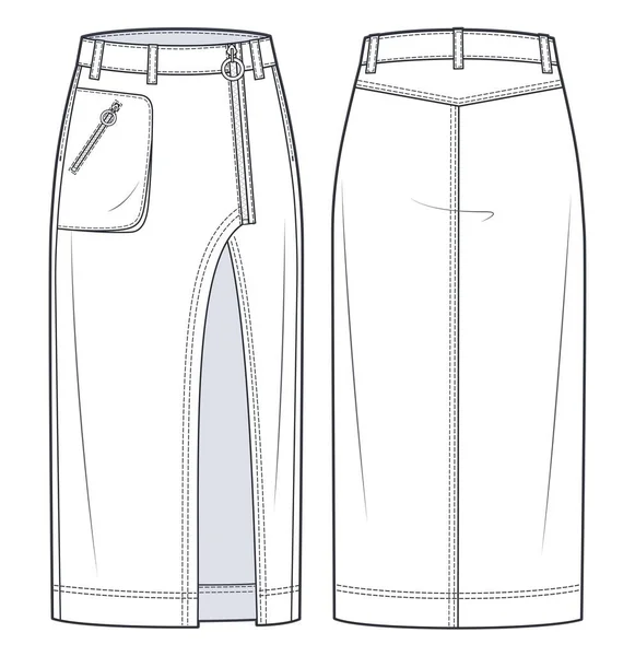 Asymmetric Denim Skirt Technical Fashion Illustration Midi Skirt Fashion Flat — ストックベクタ