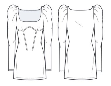 Women`s mini Dress fashion flat technical drawing template.  Mini Dress with corset fashion flat illustration, puff sleeves, side zip up, square neck, front and back view, white, CAD mockup.