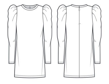Women`s mini Dress fashion flat technical drawing template.   Mini Dress fashion flat illustration, puff sleeves, back zip up, round neck, front and back view, white, CAD mockup.