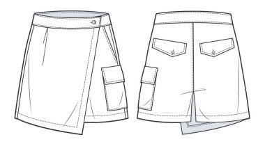 Short Pants technical fashion illustration. High Waisted  Shorts, Skirt fashion flat sketch template, front, back view, white, women, CAD mockup.