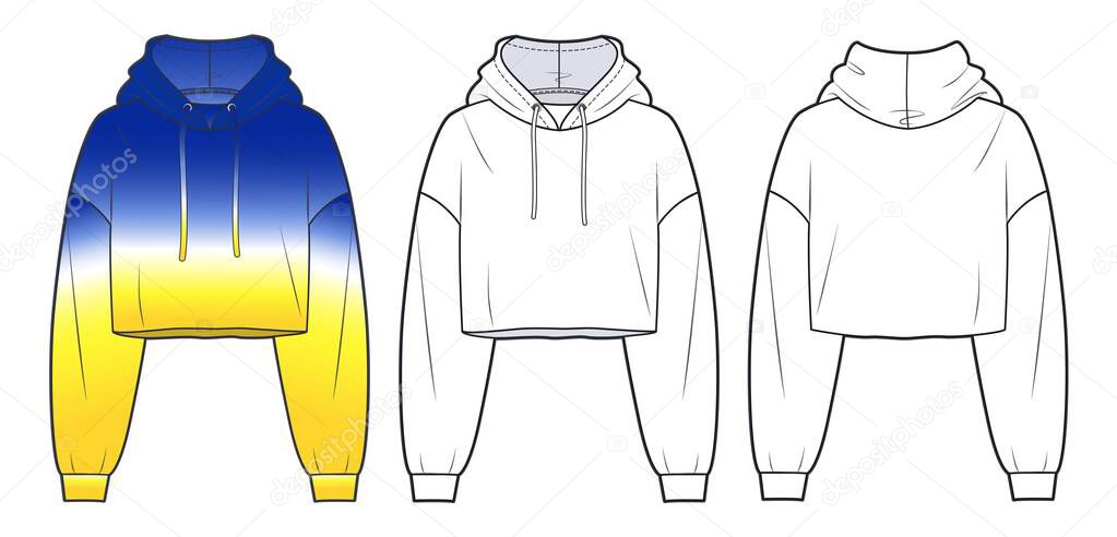 Girl's cropped Sweatshirt fashion design, yellow and blue. Oversize crop Hoodie sweat with long sleeves techical drawing template. Hoodie fashion CAD mockup.