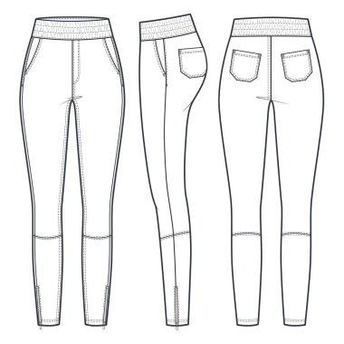  Leather Leggings Pants technical fashion illustration. Skinny Jeans Pants fashion flat technical drawing template, elastic waistband, pockets, zipper bottom, front, side, back view, white, CAD mockup.