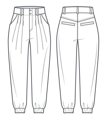 Jogger pants fashion flat technical drawing template.  Jeans Denim pants medium waist, owersize, pockets, women, men, unisex, front, back view, white, CAD mockup.  clipart