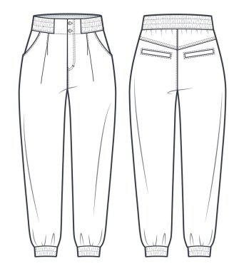 Jogger pants fashion flat technical drawing template. Elastic Waistband Pants, medium waist, owersize, pockets, women, men, unisex, front, back view, white, CAD mockup.  clipart