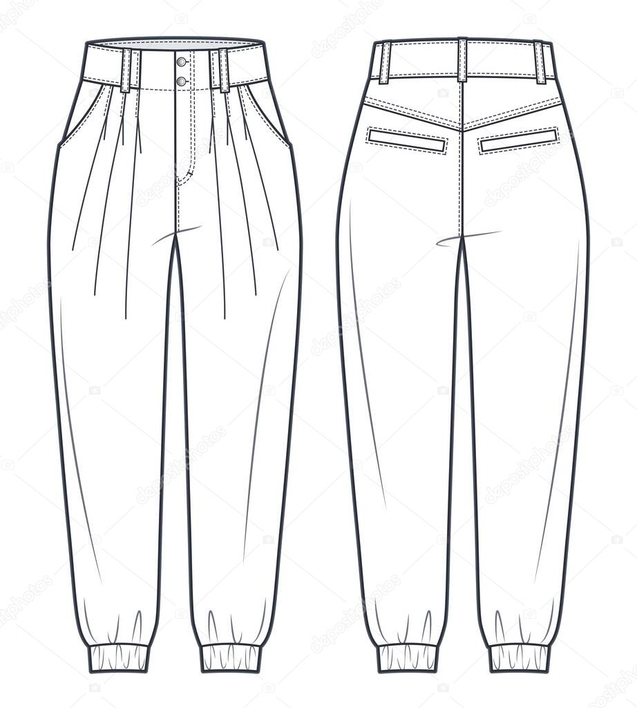 Jogger pants fashion flat technical drawing template.  Jeans Denim pants medium waist, owersize, pockets, women, men, unisex, front, back view, white, CAD mockup. 
