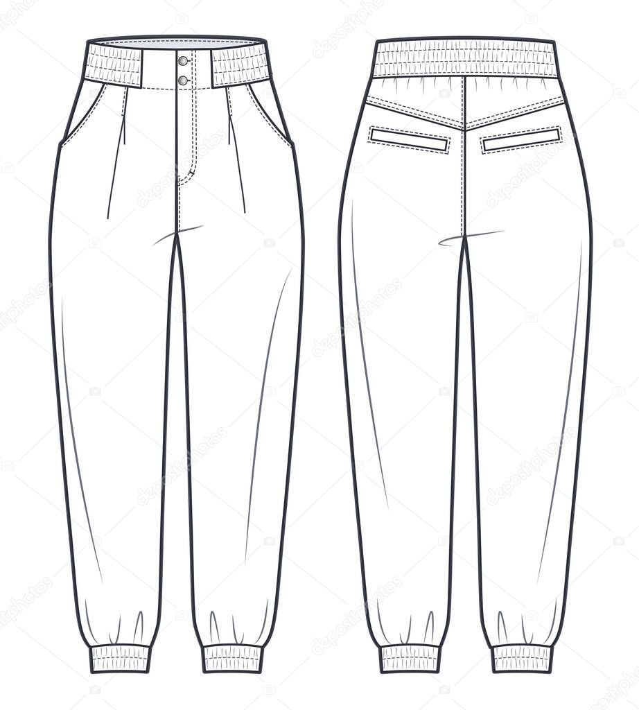 Jogger pants fashion flat technical drawing template. Elastic Waistband Pants, medium waist, owersize, pockets, women, men, unisex, front, back view, white, CAD mockup. 