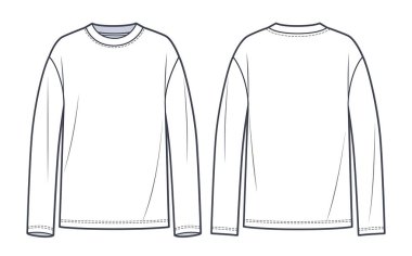Long Sleeve Shirt fashion flat tehnical drawing template. Unisex T-Shirt fashion template, crew neck, long sleeve, front and back view, white colour, women, men, CAD mockup.