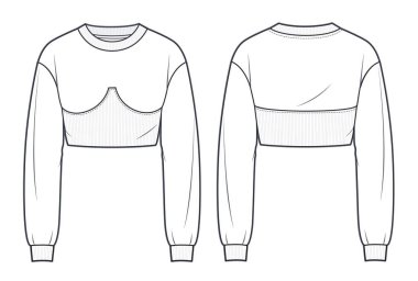 Women's Crop Sweatshirt fashion tehnical drawing template. Sweatshirt template, front and back view, white colour, rib collar and hem, CAD mock-up.