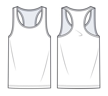 Unisex Tank Top technical fashion illustration. Jersey Tank Top technical drawing template, crew neckline, front, back view, white colour, women, men, unisex CAD mockup.